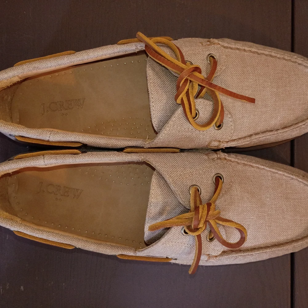 J. Crew Tan Canvas Boat Shoes with Brown Leather Laces